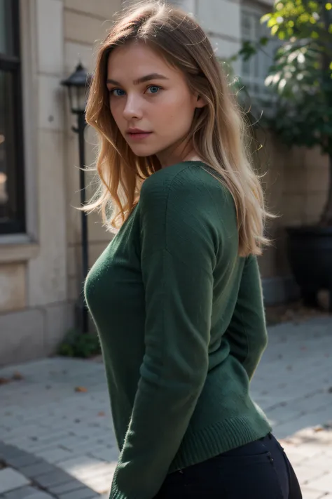 Extremely realistic blonde Russian girl with blonde hair and blue eyes, wearing a dark green jumper, entire body, side picture