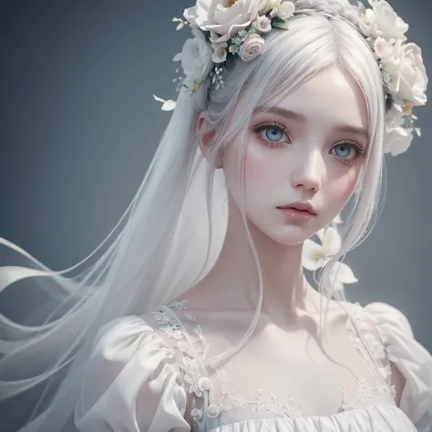 Porcelain girl with flower hair, silk dress, white skin with heavy makeup, extremely ghostly white, floral background, candy color tones, soft, dreamlike, surrealism, intricate details, 3D rendering, octane rendering. Nicoletta Ceccoli style. By Monique Mo...