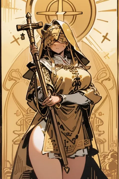 tarot card, 1girl, frontier, The Golden Border, Gold card, Golden Tarot Card, blindfold, white blindfold, priest, holding staff, golden halo, Thick robes, big breasts, thick-thighs, Cowboy shot, bust, thick layered dress, intricate details, intricately-det...