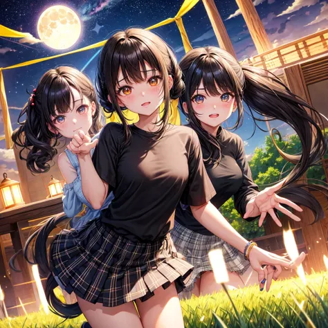 Black brown hair、poneyTail、verd s eyes、one good looking girl、独奏、animesque、lightly dressed、Plaid miniskirt、a black T-shirt、grass field、fullmoon、Meteor swarm、Glittering starry sky、rainbow butterfly flying、Colorful marbles