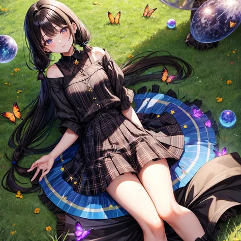 Black brown hair、poneyTail、verd s eyes、one good looking girl、独奏、animesque、lightly dressed、Plaid miniskirt、a black T-shirt、grass field、fullmoon、Meteor swarm、Glittering starry sky、rainbow butterfly flying、Colorful marbles