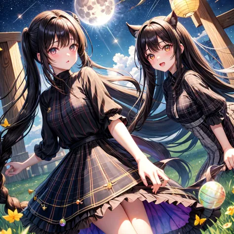 Black brown hair、poneyTail、verd s eyes、one good looking girl、独奏、animesque、lightly dressed、Plaid miniskirt、a black T-shirt、grass field、fullmoon、Meteor swarm、Glittering starry sky、rainbow butterfly flying、Colorful marbles