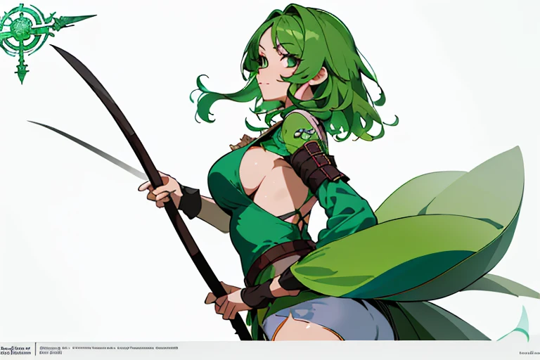 (Masterpiece)),(((Best Quality))),((Character design sheet,same character,front,side,backboob)),illustartion,1 girl,Medium Hair,Eye hair,Beautiful eyes,environment Scene change, pose too, Sexy woman with big breasts and medium green hair, holding a spear, ...