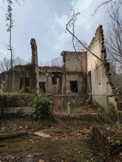 Close-up of stone wall in wooded field, old ruins, ruins around, abandoned ruins, crumbling ruins, Destroyed buildings, The ancient ruins behind, Neighborhood houses destroyed, Abandoned village ravaged by war, huge ancient ruins, historical context, aband...