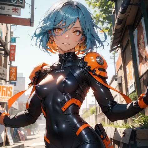 light blue hair, short hair, (orange Eyes:1.5), (medium breasts:1.5) (erectile nipples:1.1), transparent bodysuit, BREAK outdoors, abandoned building, BREAK looking at viewer, BREAK (masutepiece:1.2), Best Quality, High resolution, Unity 8k壁纸, (Illustratio...