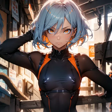 light blue hair, short hair, (orange Eyes:1.5), (medium breasts:1.5) (erectile nipples:1.1), transparent bodysuit, BREAK outdoors, abandoned building, BREAK looking at viewer, BREAK (masutepiece:1.2), Best Quality, High resolution, Unity 8k壁纸, (Illustratio...