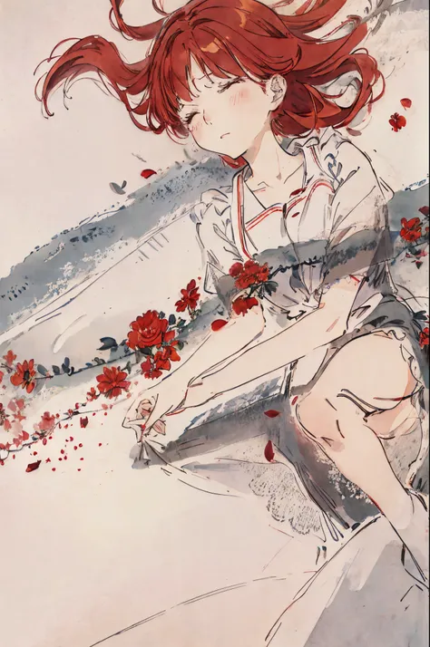 Red flowers、a sailor suit、girl with、Sleep in the flower garden、breezing、Red hair