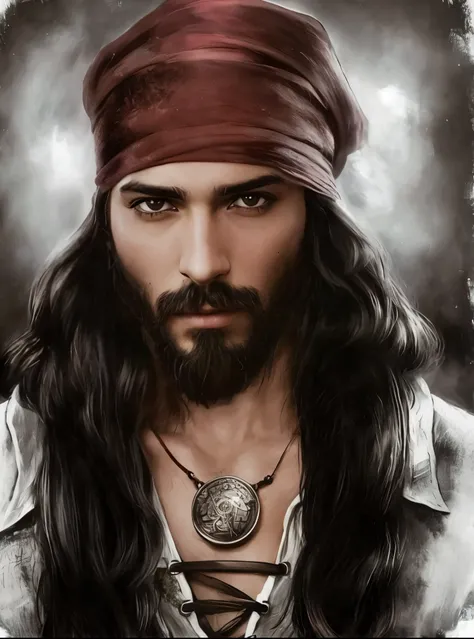 a cinematic humanized hyperrealistic image of a handsome man with long hair and a beard, handsome prince of persia, retrato pirata, um pirata, barba preta, Jack Pardal, captain jack sparrow, fan art, inspirado em Volkan Baga, portrait of bedouin d&d, um re...