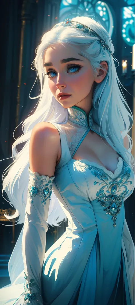 Russian Empire, Neon, Fairytale portrait of a fairytale girl, dressed in a pale white 19th-century silk dress with silver embroidery., s face, Daenerys&#39;s face, Long white hair, Stunning blue eyes, large breasts, realistic face, intricate details, Beaut...