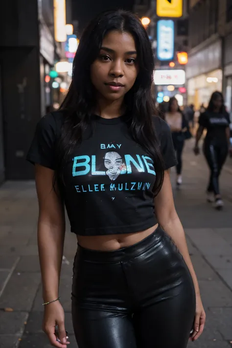 Selfie portrait, Nikon Z 85mm, high resolution, an 18-year-old woman (((black skin color,ebony skin))),perfectly detailed face, mia kalifas face, Sarah Banks body, sumptuous body, luminous smile,((blue black pants t-shirt)), in the streets of New York,((ne...