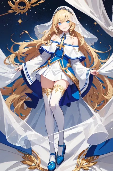 solo, gold hair, long hair, white Veil, pretty, saint, maria, Off-shoulder top,short white skirt, blue eyes, detail eyes, happy, smile, anime, white thigh-highs,  blue shoes, ((Best Quality)), ((Masterpiece Work)), (Detailed), fullbody, loraeyes, white bac...