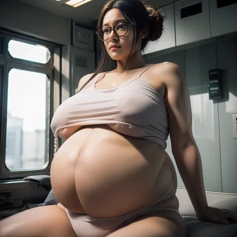 Maximum fetal mass during pregnancy, Azami, Pregnant belly is big, big pregnant girl, The biggest belly of pregnant women, Beutiful women, Nice face, prengant, Long gray hair, black hair color hair, actual, ultra - detailed, Bigchest，Glasses frames，eye gla...