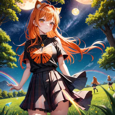 Orange hair、poneyTail、verd s eyes、one good looking girl、独奏、animesque、lightly dressed、Plaid miniskirt、a black T-shirt、grass field、fullmoon、Meteor swarm、large tree、Glittering starry sky、rainbow butterfly flying、Colorful marbles