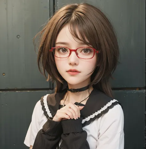 lora realistic brown hair wearing red glasses