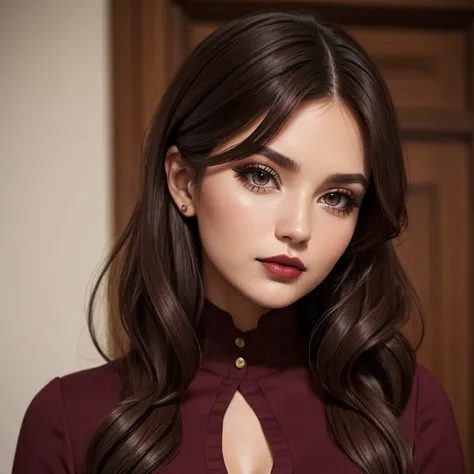 form-fitting dress in burgundy color, buttons, brunette locks, makeup, dark eyeliner, brown eyes, blush, big lips, neutral lipstick.