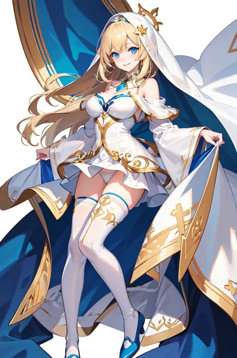 solo, gold hair, long hair, white Veil, pretty, saint, maria, Off-shoulder top,short, b cup breasts, white skirt, white panties, blue eyes, detail eyes, happy, smile, anime, white thigh-highs,  blue shoes, ((Best Quality)), ((Masterpiece Work)), (Detailed)...