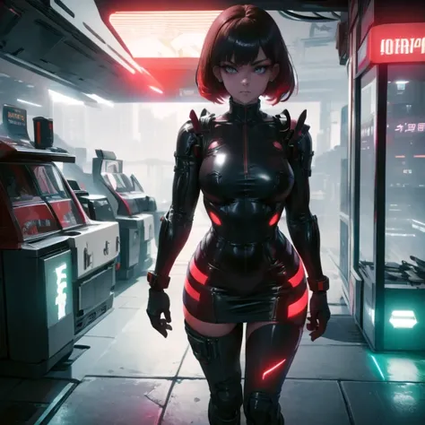 a dark-haired、short-haired、red clothes、natta、sity、bodycon dress、neons、a miniskirt、cyberpunked