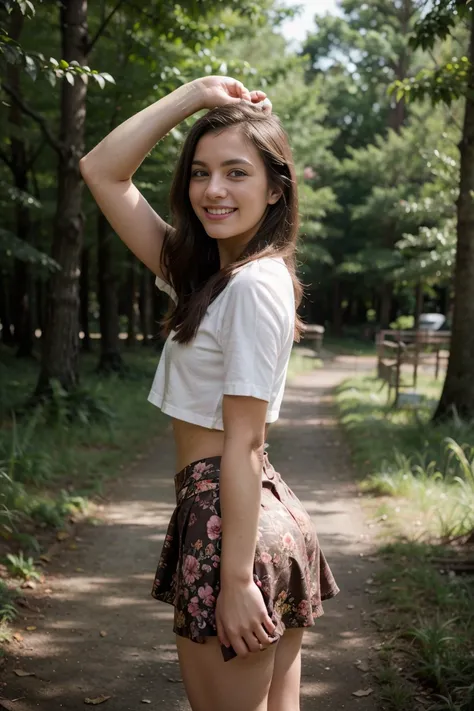 photos.wide shot. pretty brunette, 20 years old, she wears a floral skirt. she has long legs. she smiles. she is in a forest