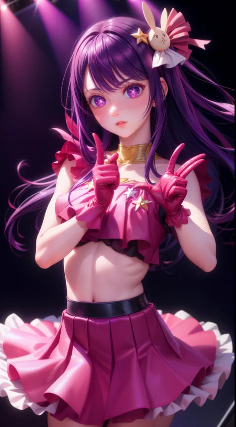 realistic, 1girl, purple hair, purple eyes, star-shaped pupils, idol outfit, skirt, parted lips, blush, stage light background, red gloves, hair ornament, perfect limbs, perfect hands, perfect fingers