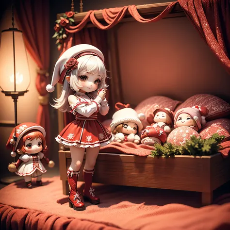 ​masterpiece、top-quality、ultra-detailliert、(Chibi Charas Daughter:1.2),White Bob,Red knitted hat,Luxury camisole with red ruffles,Red knee socks,rose flower carpet,Christmas Wreath,a smile,Full-body standing figure,The glitter shines