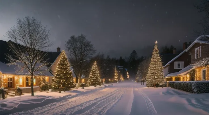 Hyperrealistic christmas landscape photo of a village covered with snow in the ethereal mist,snow is falling, christmas tree:1.2 in the center, ((street lanterns)), people on the streets, few houses with illuminated windows, smokey chimneys,vivid colors, s...