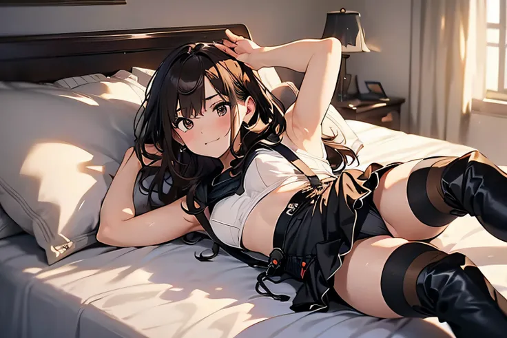 Brown hair、watching at viewers　　　black suspenders　　　bulging big tits　　 　 　　　walls: 　Black miniskirt　garters　　　　　　Gaze　　　a small face　bangss 　　　holster　　　Beautuful Women　　Hands up　　leg holster lying on bed　　Gaze 　black boots panty shot　Provocation　flank　Arm...