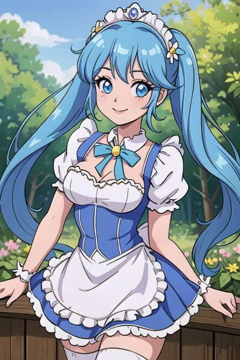 super idol　a beautiful girl in a sparkling maid cafe　a charming smile　sky blue hair　length hair　twin-tailed　a cafe full of flowe...