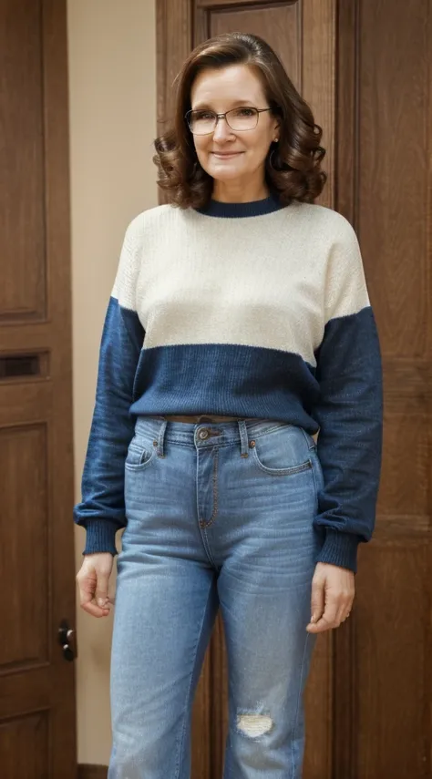 a woman with glasses on a cell phone, nika maisuradze-rebecca sugar-alina ivanchenko-sarah drew-patsy cline-carrie fisher-kara dioguardi-piper laurie merged, nerdy, short curly messy brown hair, wearing a baggy college sweater and jeans, frumpy appearance,...