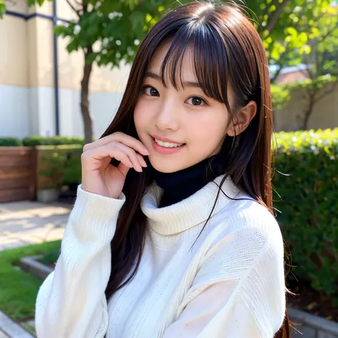 Best-quality, Masterpiece, Ultra-High-Resolution, (Photorealistic:1.4), Raw-Photo, Extremely-Details, Perfect-Anatomy, 1girl, 16-years-old, the most popular Japanese idol, detailed right hand wearing lots of white bandages, wearing turtleneck loose sweater...