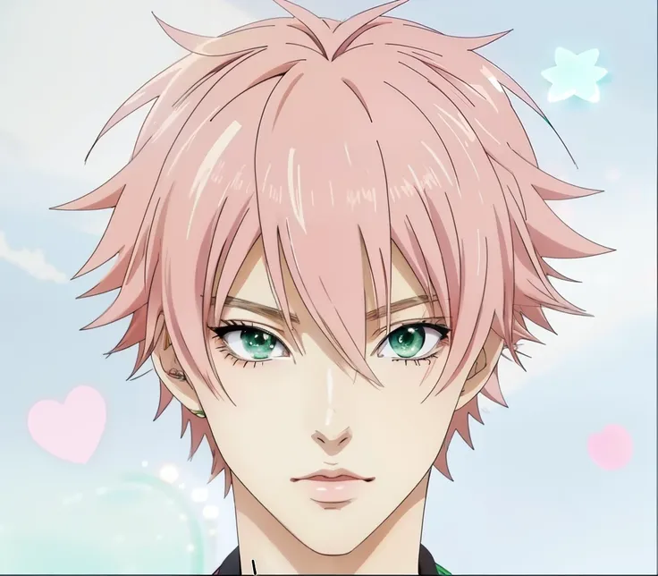 anime image of a man with pink hair and green eyes, male anime character, inspiriert von okumura togyu, big anime guy with green...