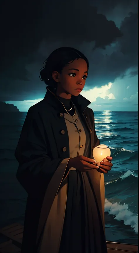 A brief moment of calm on a stormy sea, beautiful black girl with cinnamon skintone, neutral color clothing against the vibrant colors of natures respite. Portrait shot with peach and cyan lighting , detailed intricate , Slow shutter speed Miriam Schapiro,...