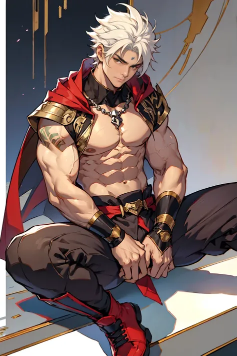 Highest image quality，male people，child，1 boy，Young and handsome，shoun，White color hair，Short flat top hair，Dark  skin，anime big breast，anime wallpaper，Solo，malefociefs，Dilation of the pectoral muscles，Red cape，Bulging crotch， background，spread their legs，...