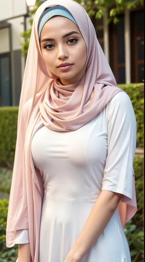 RAW, Best quality, high resolution, masterpiece: 1.3), beautiful Malay woman in hijab,Masterpiece, perfect slim fit body, (Huge breasts), big gorgeous eyes, Soft smile,woman wearing a hijab and a white shirt, white hijab, feminine in cute pastel shades, sh...