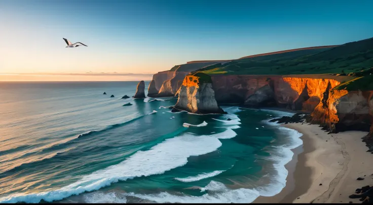 ocean shoreline,oil painting,rocks,waves,lush greenery,sandy beach,seagulls,serene atmosphere,bluish tones,warm sunlight,crashing waves,cascading cliffs,rippling water,azure horizon,dynamic composition,coastline view,peaceful tranquility,vivid colors,textu...