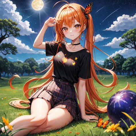 Orange hair、poneyTail、verd s eyes、one good looking girl、独奏、animesque、lightly dressed、Plaid miniskirt、a black T-shirt、grass field、fullmoon、Meteor swarm、large tree、Glittering starry sky、rainbow butterfly flying、Colorful marbles、sitting on