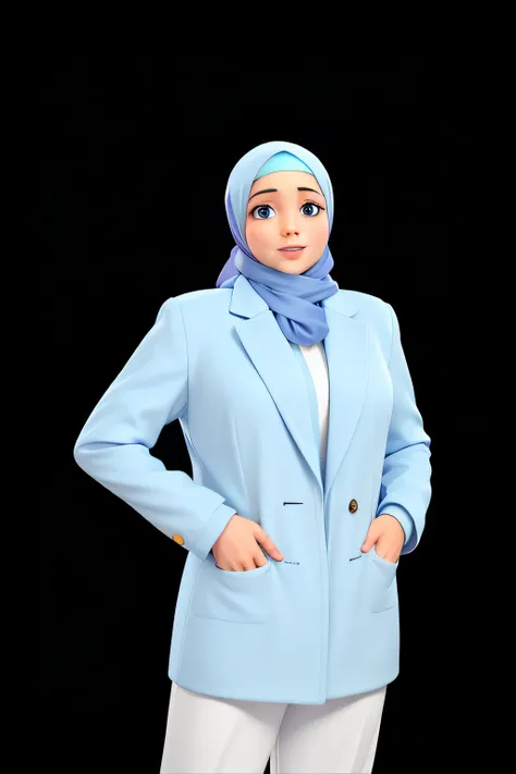 arafed woman in blue jacket and white scarf posing for a picture, blue uniform, hijab, muslim, blue color, blue skintight closed longcoat, sky blue, wonderful, beautiful