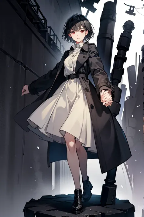 Girl with short hair and black hair，wearing a trench coat，Graceful figure holding hands，dark vibe atmosphere，Light