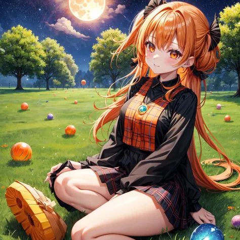 Orange hair、poneyTail、verd s eyes、one good looking girl、独奏、animesque、lightly dressed、Plaid miniskirt、a black T-shirt、grass field、fullmoon、Meteor swarm、large tree、Glittering starry sky、rainbow butterfly flying、Colorful marbles、sitting on