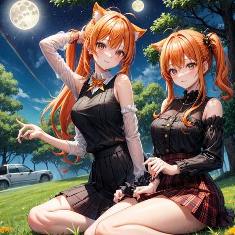 Orange hair、poneyTail、verd s eyes、one good looking girl、独奏、animesque、lightly dressed、Plaid miniskirt、a black T-shirt、grass field、fullmoon、Meteor swarm、large tree、Glittering starry sky、rainbow butterfly flying、Colorful marbles、sitting on