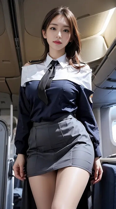 top-quality, ​masterpiece, 8K, 超A high resolution, (Photorealsitic:1.4), 1girl in、beautiful countenance、symmetrical eye、Colossal tits、Perfect body proportion、Stewardess uniform、frills skirt、Look at viewers、(Inside the plane:1.2)、front-facing view、Shoulder、...