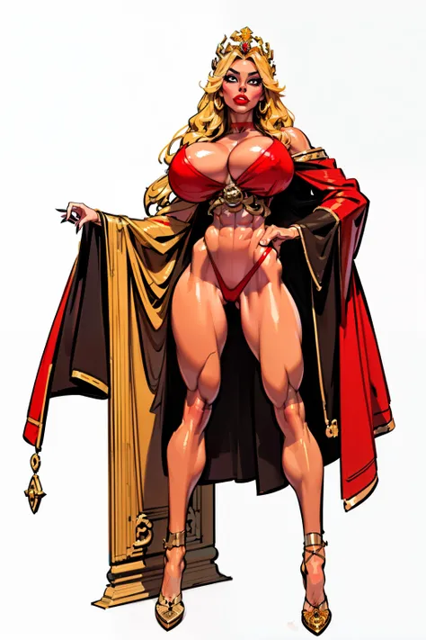 ((full body view:1.4)), ((masterpiece)), (((best quality))), ((mature face)), ((big eyes:1.4)), ((crown:1.4)), defined cheekbones, high cheekbones, illustration, ((muscular:1.3)), ((gold:1.4)), sexy bimbo, (gigantic breasts:1.2),long hair, ((detailed face:...