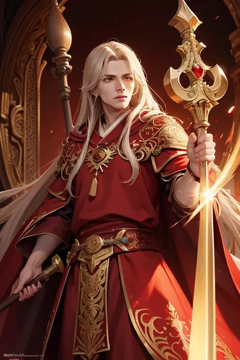 (a handsome cleric man,red clothes,robe,long hair, hammer), beautiful detailed eyes,noble expression,ornate details on the clothes and staff,soft lighting,realistic rendering,vibrant colors,traditional art style,subtle shadows,ancient temple background