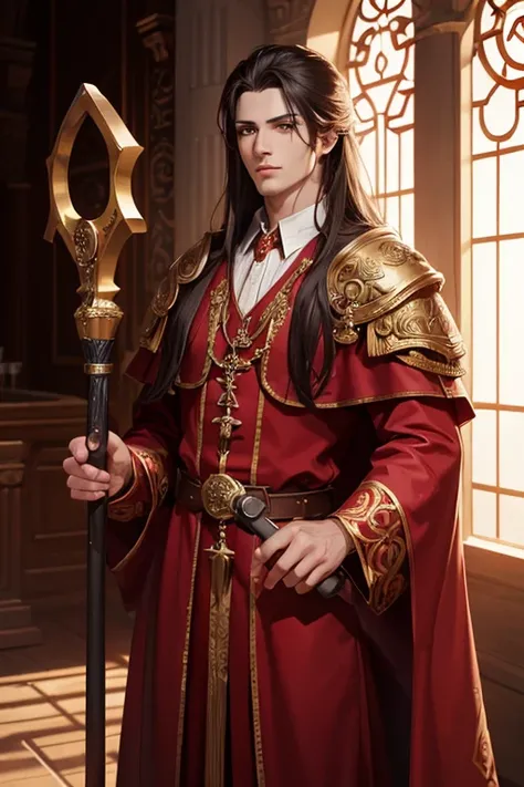 (a handsome cleric man,red clothes,robe,long hair, hammer), beautiful detailed eyes,noble expression,ornate details on the clothes and staff,soft lighting,realistic rendering,vibrant colors,traditional art style,subtle shadows,ancient temple background