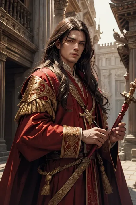 (a handsome cleric man,red clothes,robe,long hair, hammer), beautiful detailed eyes,noble expression,ornate details on the clothes and staff,soft lighting,realistic rendering,vibrant colors,traditional art style,subtle shadows,ancient temple background