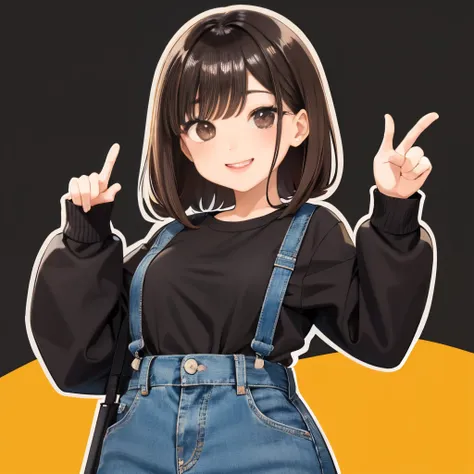 one woman, 独奏, (twitch emote:1), chibi, brown hair, black eyes, thumb up, a smile, the upper part of the body, comic strip, whit...