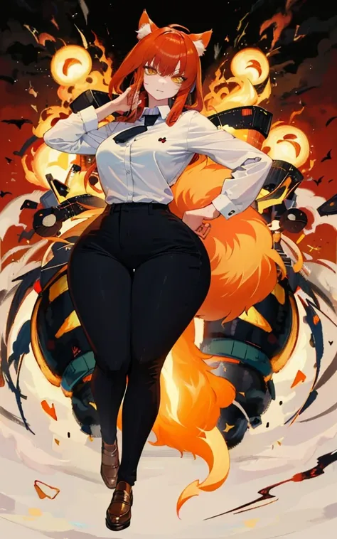 (Masterpiece: 1.5), (Best Quality: 1.5), Perfect Eyes, Perfect Face, makima, taut black pants, white button up shirt, black tie, red hair, yellow eyes, thicc, cat ears, cat tail, chainsaw man series