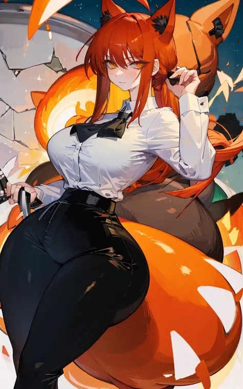 (Masterpiece: 1.5), (Best Quality: 1.5), Perfect Eyes, Perfect Face, makima, taut black pants, white button up shirt, black tie, red hair, yellow eyes, thicc, cat ears, cat tail, chainsaw man series, thick thigs, large breasts, medium ass