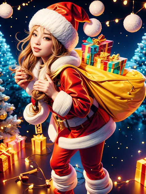 christmas, a cute and beautiful chinese girl wearing a glowing traditional santa claus costume, carrying a transparent glowing b...