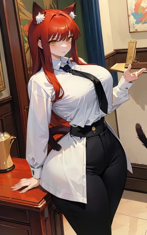 (Masterpiece: 1.5), (Best Quality: 1.5), Perfect Eyes, Perfect Face, makima, taut black pants, white button up shirt, black tie, red hair, yellow eyes, thicc, cat ears, cat tail, chainsaw man series, thick thigs, large breasts, medium ass