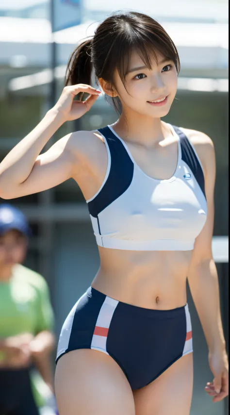 perfect beautiful female、1girl in、track and field、24 year old、Brown eyes、real looking skin、highlydetailed skin、（small tits:1.7）、（My abdominal muscles are so tight that they crack、Athlete body shape:1.3）、Colorful sportswear、A dark-haired、Straight hair、bangs...